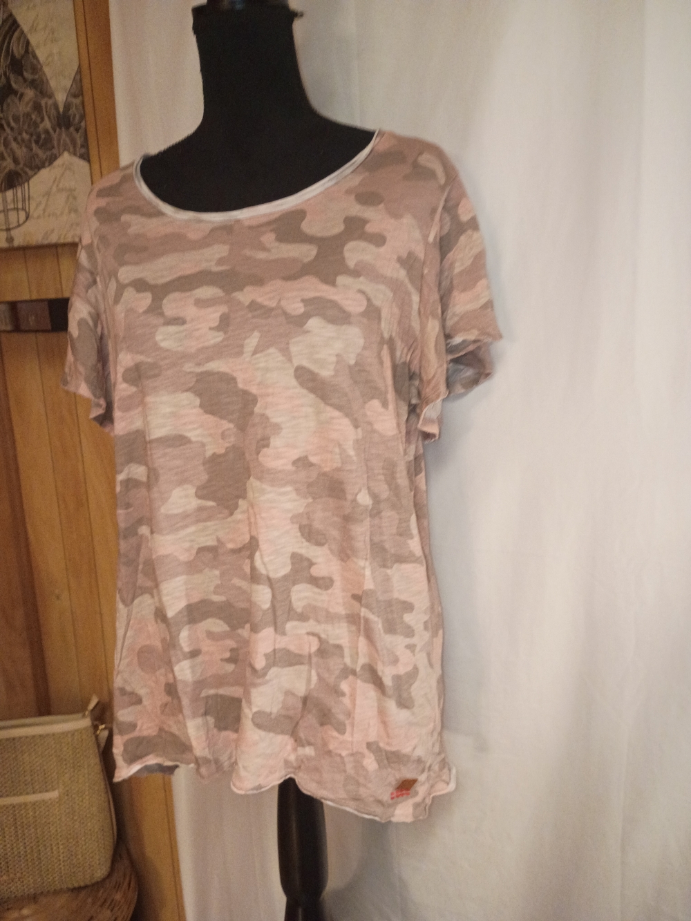 Peace Love World Pink and Tan Camo Short Sleeve Top